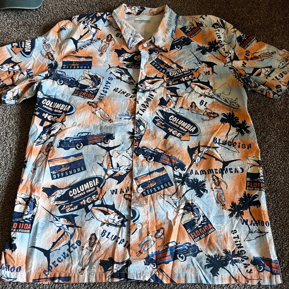 Columbia PFG Fishing‎ Shirt Short Sleeve Button Up Novelty Print Large 0088